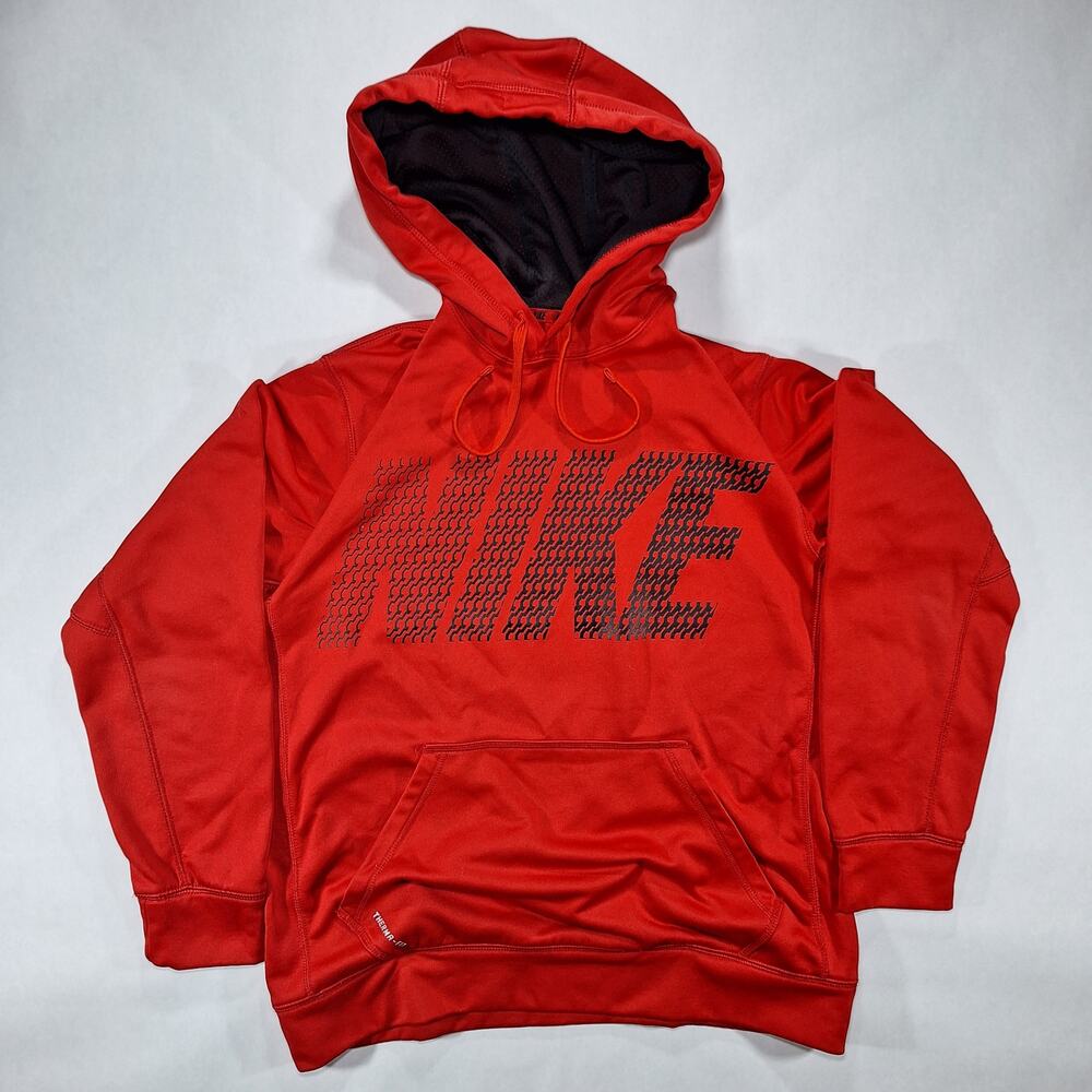 Nike Hoodie Sweatshirt Mens Medium Red Therma Fit Pullover Fleece Long Sleeve